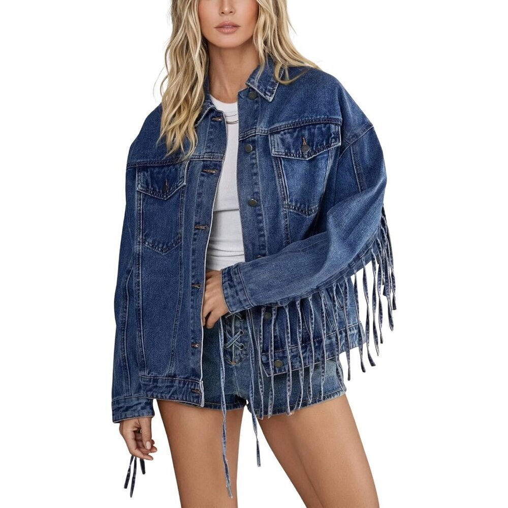 Women's Oversized Fringed Jacket Tassel Jean Jackets Cowgirl Western Denim Blue